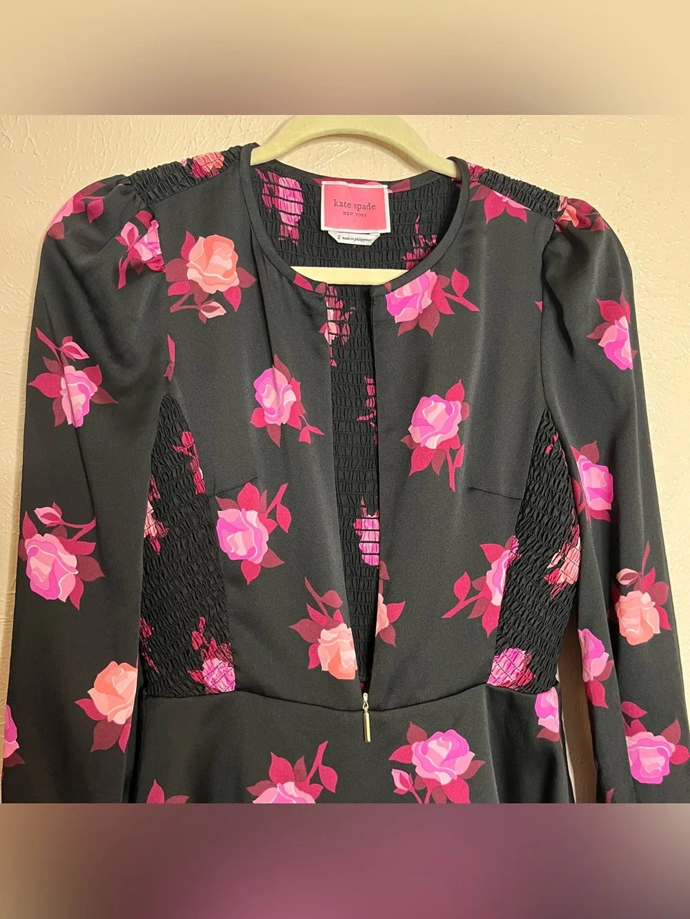 Kate Spade NY Rose Garden Smocked Satin dress black pink